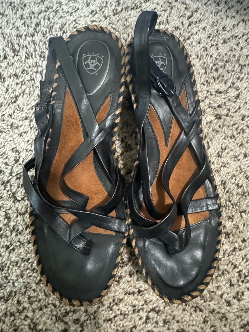 Ariat Black Leather Cross‑Strap Sandals with Brown Insole